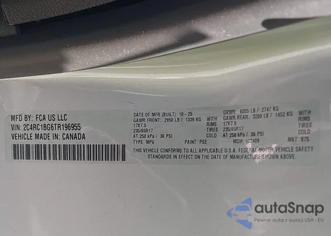 2026 Chrysler Pacifica Select z USA, uszkodzony, nr VIN 2C4RC1BG6TR196955